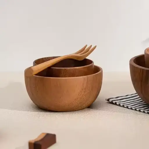 Fabricants de Chine prix de gros ensemble de bols en bois d'acacia écologiques de haute qualité saladier en bois de cuisine